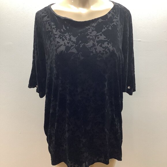 JM Collection Size XL Black Velvet Burnout Split Sleeve W/Stones Floral Top. New - Picture 2 of 8
